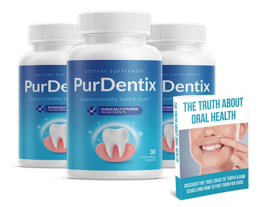 Three bottles of PurDentix oral health supplement with bonus guide