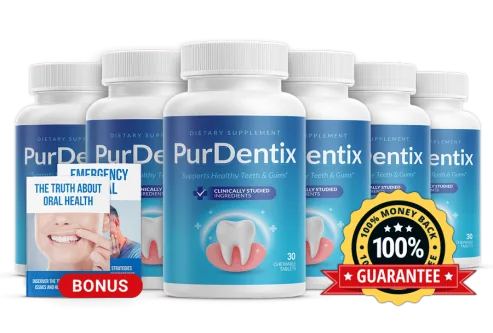 Six bottles of PurDentix with bonus guide and guarantee seal